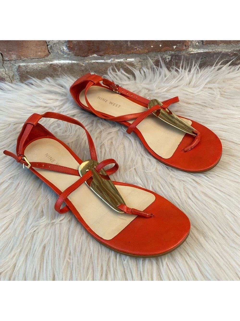 Nine West Weslie Orange Leather Flat Sandals, Size 7.5M